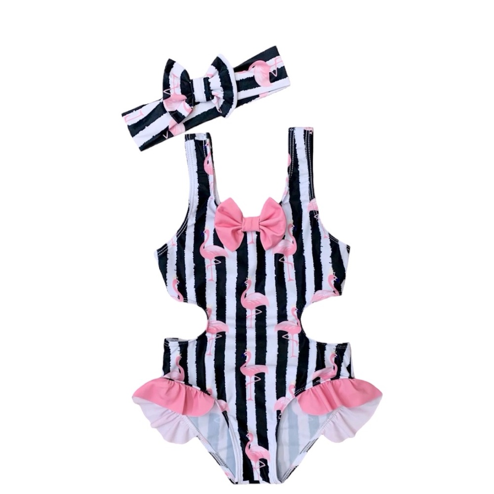 Girls NWT Flamingo Stripes Matching Bow and One-Piece Swimsuit